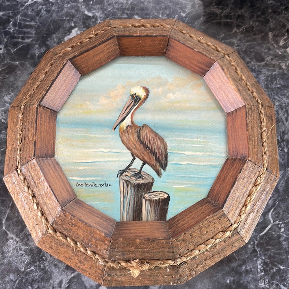 Original Oil Nautical wood framed painting of sea pelican by Lee VanDeventer Art